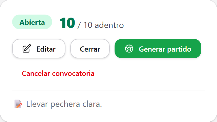 Cuando está completa, generá el partido