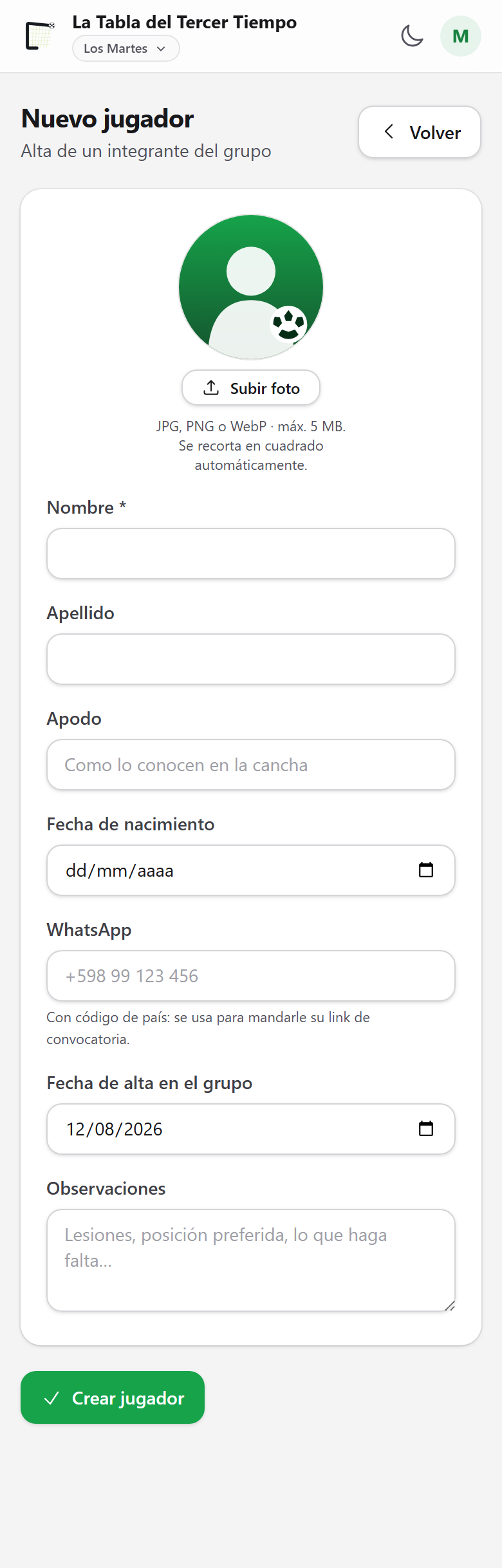 Cargá a tus jugadores