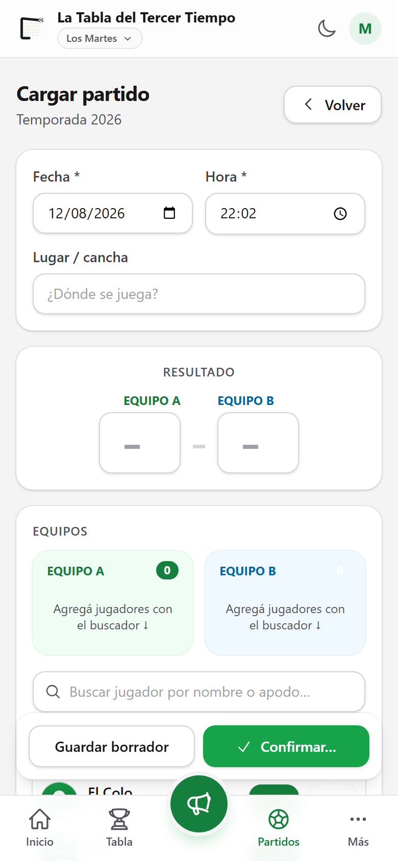 Después del partido, cargá el resultado